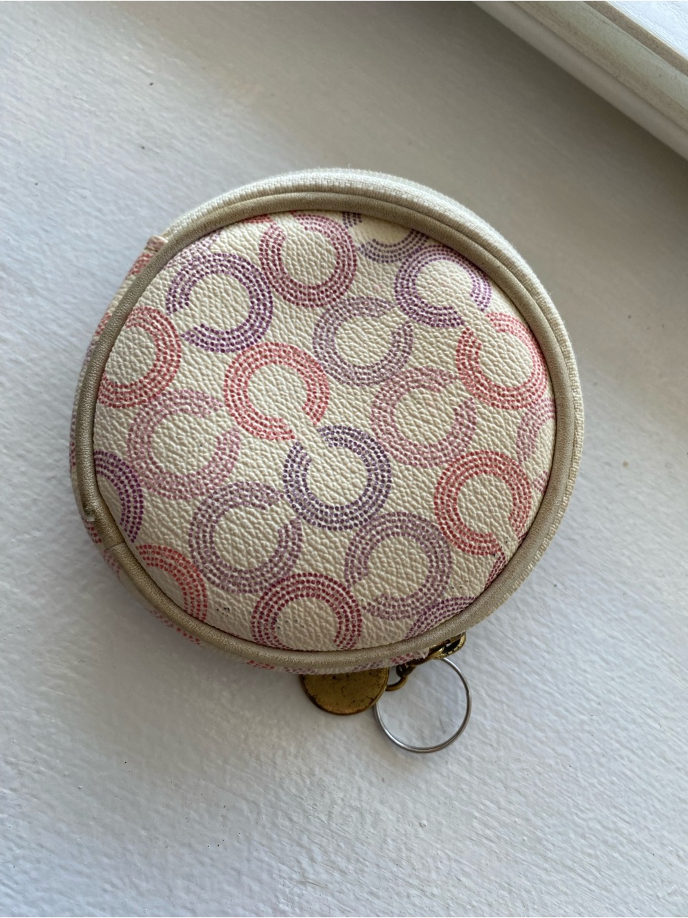 Coach Round Coin Pouch in Cream with Pink & Purple Circles